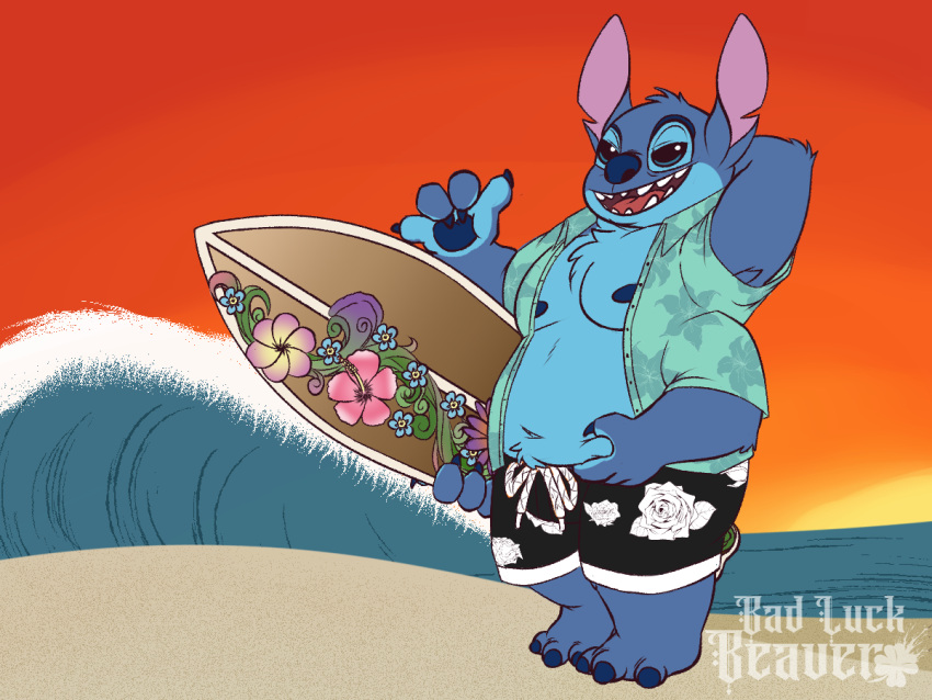 2021 3_toes 4:3 4_arms 4_fingers alien aloha_shirt anthro anthrofied areola arm_tuft badluckbeaver beach biped blue_areola blue_claws blue_eyes blue_nose blue_pawpads chest_tuft claws clothed clothing digital_drawing_(artwork) digital_media_(artwork) disney elbow_tufts experiment_(lilo_and_stitch) feet fingers flower gesture hand_behind_head hand_on_stomach head_tuft hibiscus holding_object lilo_and_stitch looking_at_viewer male multi_arm multi_limb navel notched_ear open_clothing open_shirt open_topwear outside overweight overweight_anthro overweight_male pattern_clothing pattern_shirt pattern_topwear pawpads plant sea seaside shaka shirt solo standing stitch_(lilo_and_stitch) sunset surfboard swimming_trunks swimwear toe_claws toes topwear tuft vehicle water watercraft watermark wave
