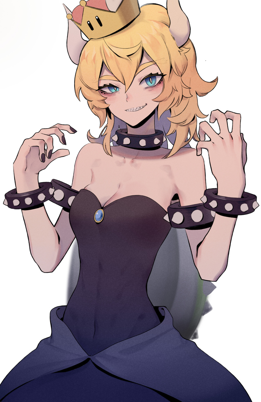 5_fingers absurd_res animal_humanoid armband bare_shoulders black_nails blonde_eyebrows blonde_hair blue_eyes bowser bowsette_meme bracelet breasts cleavage clothed clothing collar colored_nails crown dress eyebrow_through_hair eyebrows eyelashes female fingers grey_horn hair hi_res humanoid jewelry koopa_humanoid kusi_zaki long_hair looking_at_viewer mario_bros meme nails navel_outline nintendo raised_arms scalie scalie_humanoid shadow shark_teeth shell simple_background smile solo spiked_armband spiked_bracelet spiked_collar spiked_shell spikes spikes_(anatomy) standing super_crown teeth translucent translucent_hair video_games white_background white_body white_skin