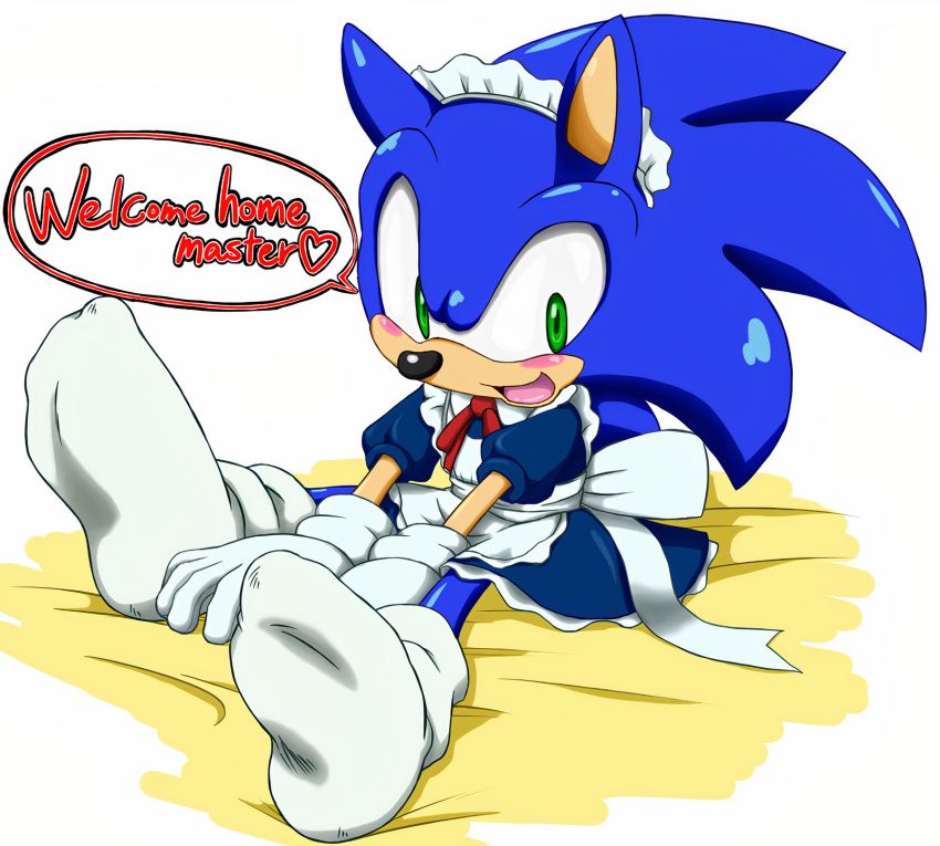 anthro bed black_nose blue_body blue_fur blush clothing english_text eulipotyphlan footwear fur furniture girly gloves green_eyes handwear hedgehog hi_res maid_uniform male mammal shoppaaaa sitting socks solo sonic_the_hedgehog sonic_the_hedgehog_(series) speech_bubble text uniform