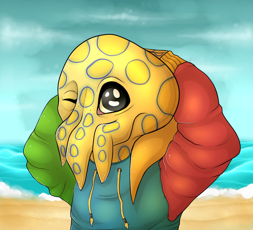 anthro beach blue-ringed_octopus cephalopod clothing cloudscape coleoid elicor headshot_portrait hi_res hoodie looking_at_viewer male marine mollusk octopodiform one_eye_closed portrait sea seaside sky solo spottedpockyart topwear water wink winking_at_viewer