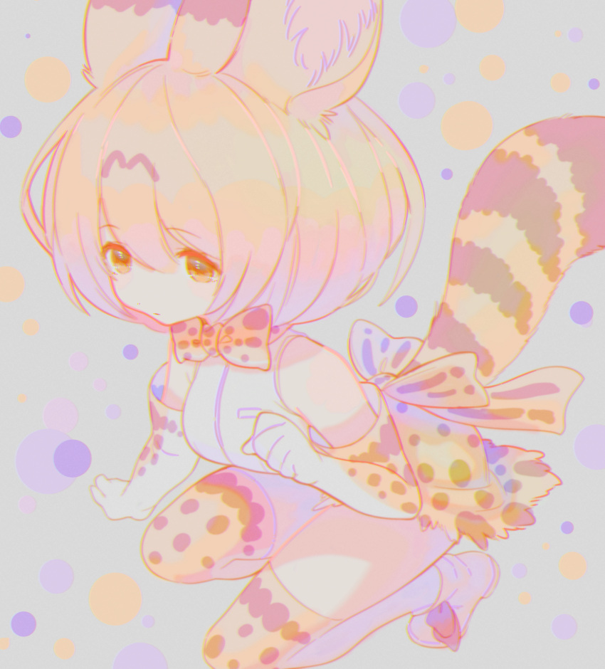 1girl absurdres animal_ear_fluff animal_ears bangs blonde_hair bow bowtie breasts brown_eyes clenched_hand elbow_gloves eyebrows_visible_through_hair gloves highres kemono_friends looking_down medium_breasts notora serval_(kemono_friends) serval_ears serval_print serval_tail short_hair solo squatting tail thighhighs