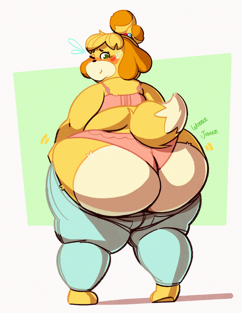 absurd_res animal_crossing anthro big_butt blonde_hair blush bodily_fluids bottomwear bra butt canid canine canis clothed clothing domestic_dog female fur geodudeman124 green_eyes hair hi_res isabelle_(animal_crossing) mammal nintendo one_eye_closed overweight overweight_anthro overweight_female panties pants partially_clothed pulling_up_pants shih_tzu simple_background solo sweat sweatdrop text toy_dog underwear video_games yellow_body yellow_fur