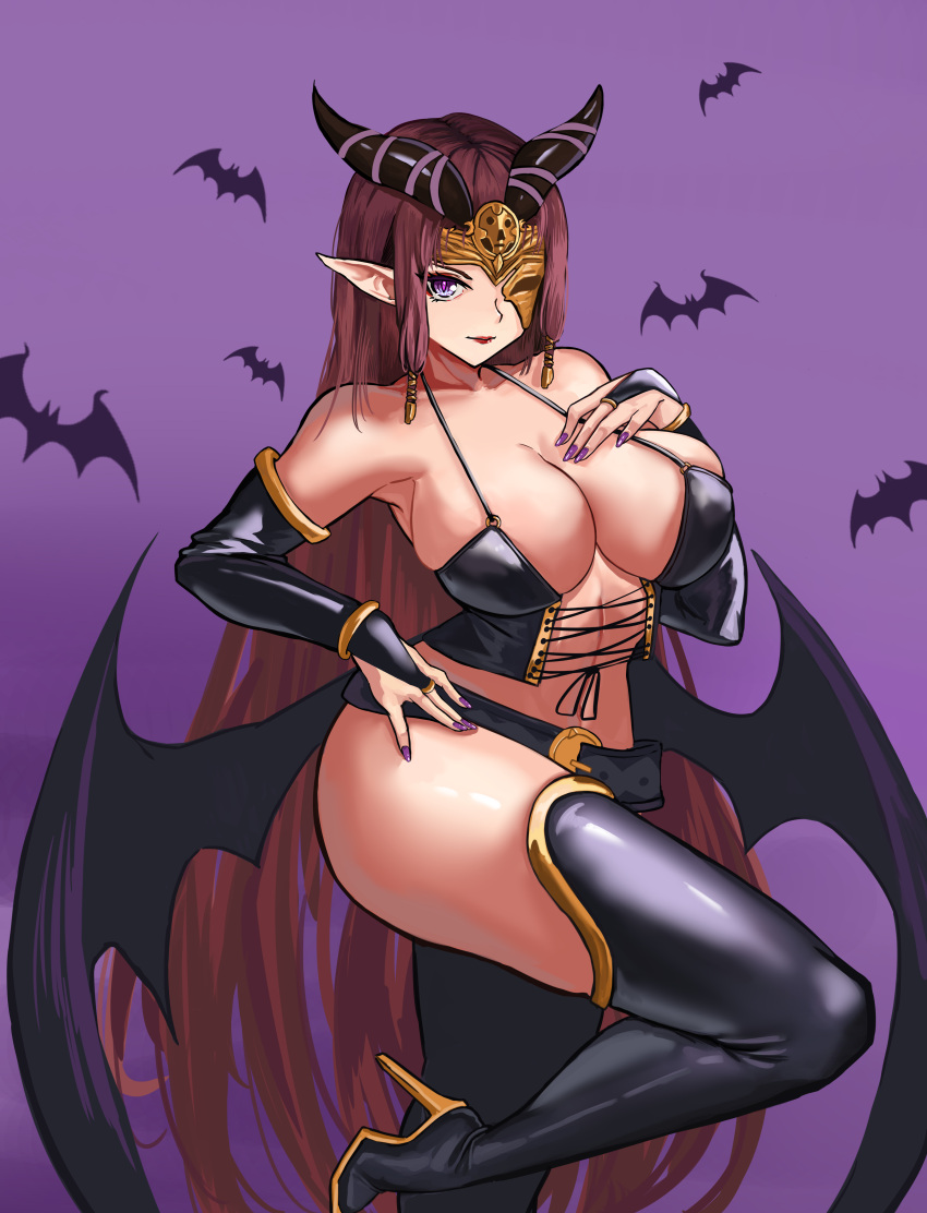 1girl absurdres bat boots breasts demon_girl fire_emblem fire_emblem_echoes:_shadows_of_valentia halloween halloween_costume high_heels highres horns large_breasts lipstick long_hair loooyd makeup nuibaba purple_background purple_eyes purple_hair purple_lipstick purple_nails solo succubus thigh_boots thighhighs thighs very_long_hair