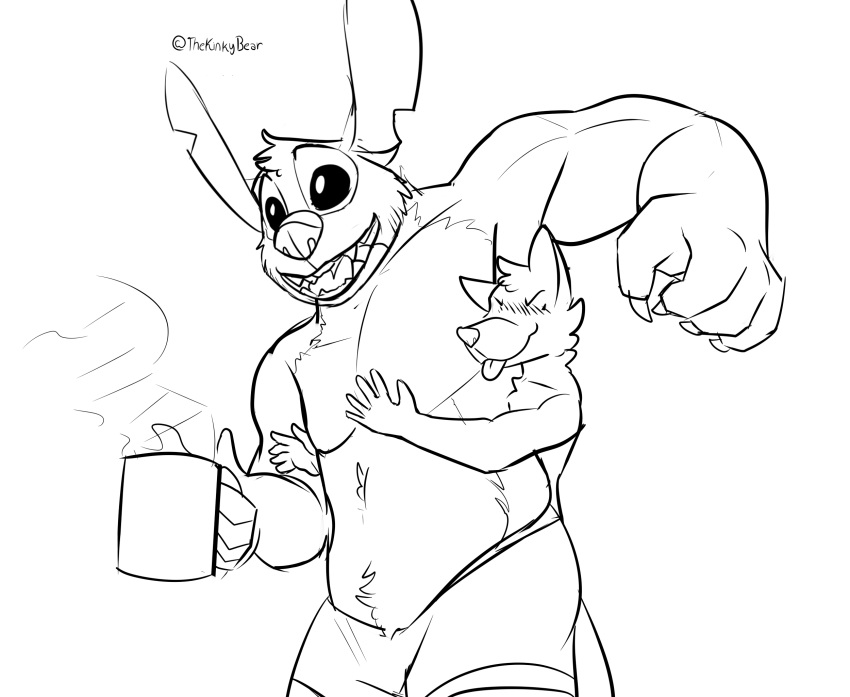 2021 alien anthro anthrofied black_and_white boxers_(clothing) canid canine clothed clothing coffee_mug disney duo experiment_(lilo_and_stitch) head_tuft hi_res lilo_and_stitch male mammal monochrome muscular notched_ear open_mouth open_smile sketch smile stitch_(lilo_and_stitch) thekinkybear tongue tongue_out tuft underwear underwear_only ych_(character)