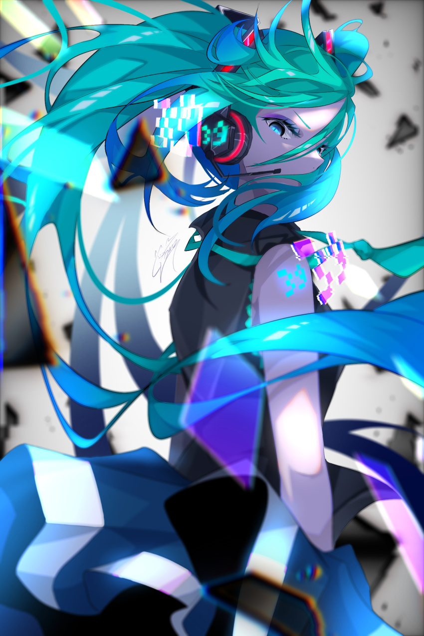 1girl 39 absurdres bangs blue_eyes blue_eyeshadow blue_hair blue_skirt breasts commentary eyeshadow floating_hair goma_irasuto hatsune_miku headphones highres hologram long_hair looking_back looking_down makeup signature skirt small_breasts solo twintails v-shaped_eyebrows vocaloid