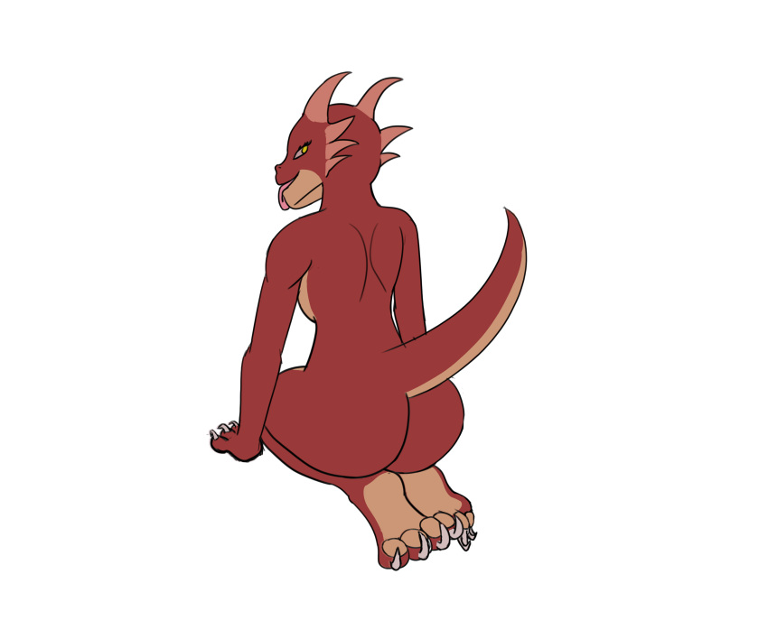 absurd_res bare_back bedroom_eyes female hi_res horn humanoid kobold looking_at_viewer looking_back nails narrowed_eyes red_body red_scales scales scalie seductive smilingdonut solo tongue tongue_out