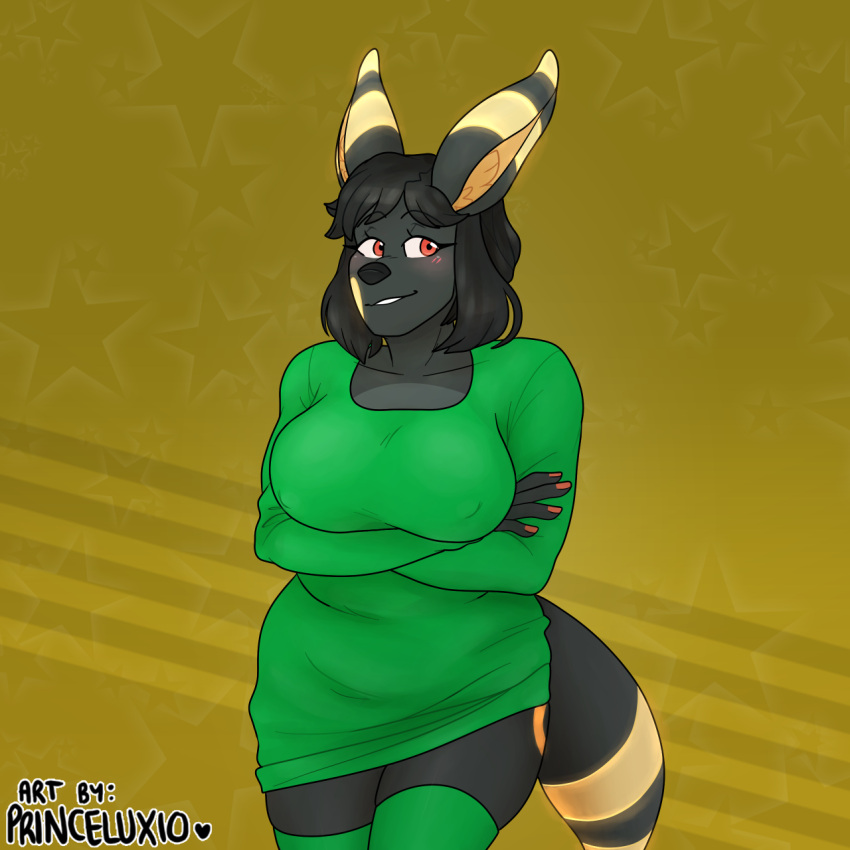 1:1 anthro arms_crossed_under_breasts big_breasts black_body black_fur black_hair blush breasts chubby_female clothed clothing colored_nails crossed_arms eeveelution female fur green_clothing hair hi_res huge_breasts legs_together legwear long_hair looking_away multicolored_body multicolored_fur nails nintendo nipple_outline no_pants partially_clothed pok&eacute;mon pok&eacute;mon_(species) pok&eacute;morph princeluxio red_eyes simple_background stockings sweater thigh_highs topwear trans_(lore) trans_woman_(lore) umbreon vera_(princeluxio) video_games