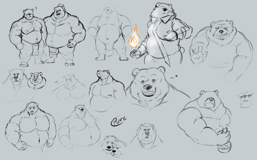 2021 anthro belly bottomwear bulge clothing felid fire group humanoid_hands loincloth magic male mammal moobs musclegut nipples overweight overweight_male pantherine pure_command simple_background sketch tiger ursid