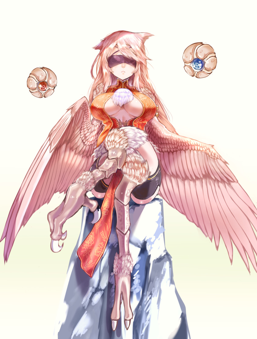 1girl animal_ears blindfold breasts commentary_request crossed_legs feathered_wings feathers harpy highres kawasumi_(tk2k_jade) large_breasts long_hair monster_girl original pink_feathers pink_hair sitting solo talons winged_arms wings