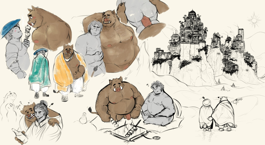 2020 absurd_res anal anthro balls belly brown_body brown_fur butt clothed clothing detailed_background duo fur genitals hat headgear headwear hi_res male male/male mammal moobs multiple_poses nipples outside overweight overweight_male penis pose pure_command sex sitting suid suina sus_(pig) wild_boar