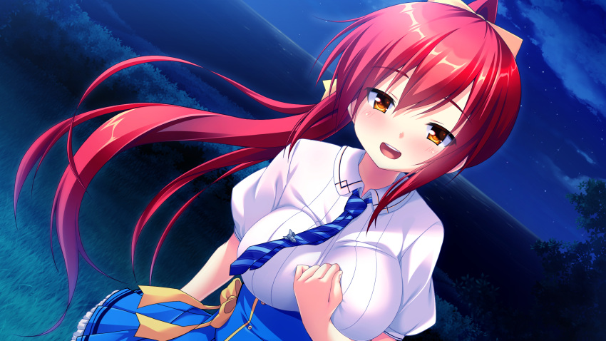 akatsuki_arisa ano_harewataru_sora_yori_takaku blush breast_hold breasts chiri_(atlanta) chuablesoft game_cg grass long_hair night ponytail red_hair school_uniform yellow_eyes