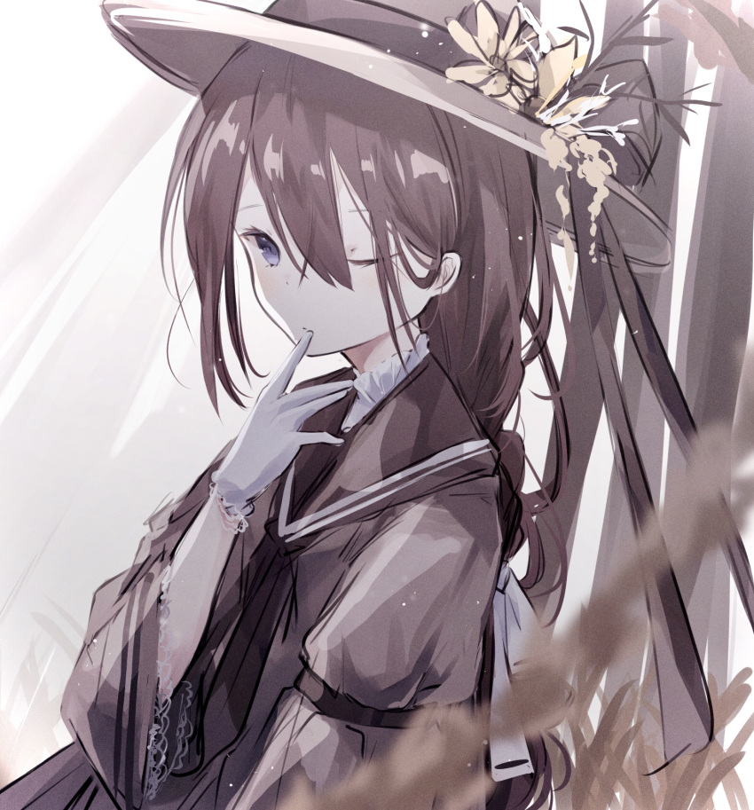 1girl \||/ armband blurry braid braided_ponytail brown_hair brown_neckwear closed_mouth depth_of_field dot_nose finger_to_mouth flower gloves grey_eyes hair_ribbon hat hat_flower hat_ribbon highres long_hair looking_at_viewer miyu_(miy_u1308) neckerchief one_eye_closed original ribbon sailor_collar shiny shiny_hair single_braid solo upper_body white_gloves white_ribbon