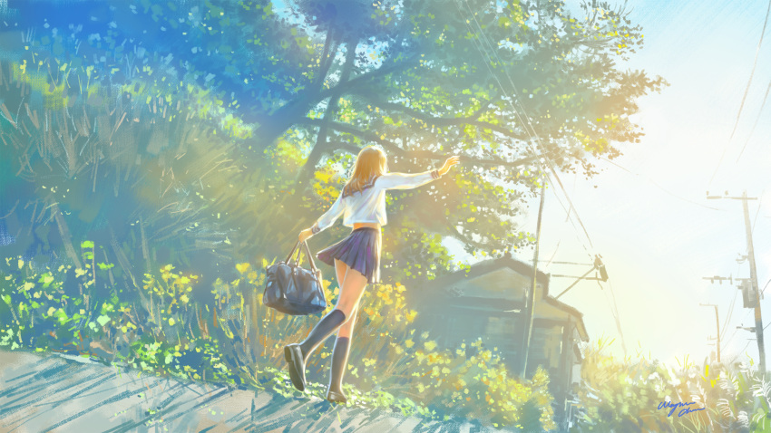 1girl bag brown_hair building day dutch_angle from_behind highres long_hair original outdoors overhead_line pleated_skirt scenery school_uniform serafuku skirt solo tree wayne_chan