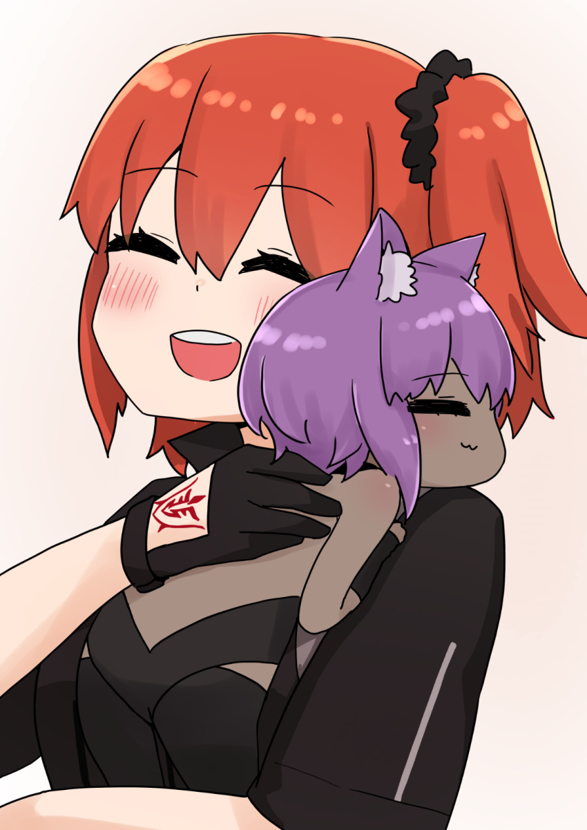 2girls :3 :d ^_^ animal_ear_fluff animal_ears backless_outfit bangs black_bodysuit black_gloves black_jacket black_scrunchie blush bodysuit brown_background brown_hair cat_ears chibi closed_eyes closed_mouth command_spell dark_skin eyebrows_visible_through_hair fate/grand_order fate/prototype fate/prototype:_fragments_of_blue_and_silver fate_(series) fujimaru_ritsuka_(female) gloves hair_between_eyes hair_ornament hair_scrunchie hassan_of_serenity_(fate) highres i.u.y jacket kemonomimi_mode minigirl multiple_girls one_side_up open_mouth polar_chaldea_uniform profile purple_hair round_teeth scrunchie short_sleeves smile teeth upper_body upper_teeth