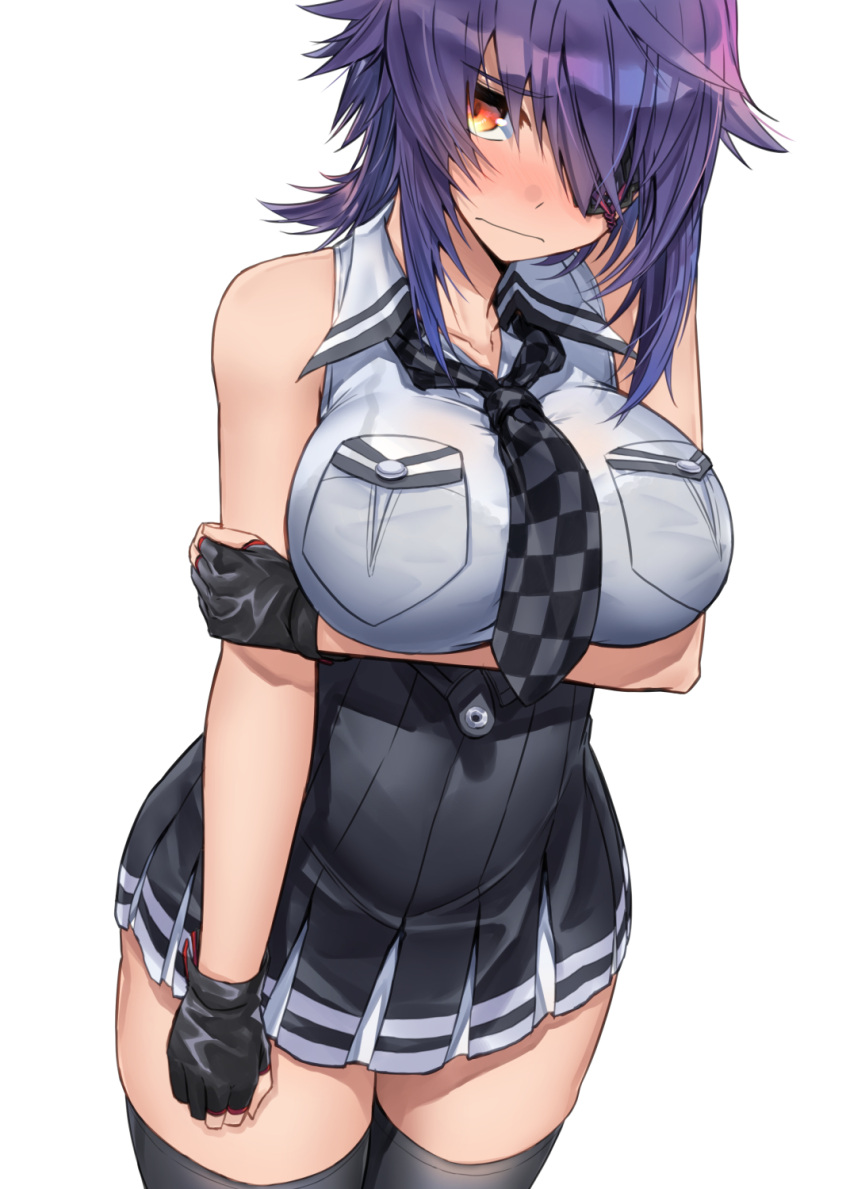 1girl between_breasts black_gloves black_legwear black_skirt breasts checkered checkered_neckwear commentary_request cowboy_shot duplicate eyepatch gloves highres kantai_collection large_breasts looking_at_viewer necktie necktie_between_breasts partially_fingerless_gloves pleated_skirt purple_hair remodel_(kantai_collection) shirt short_hair skirt sleeveless sleeveless_shirt solo standing tenryuu_(kantai_collection) thighhighs white_shirt yellow_eyes zombie_mogura