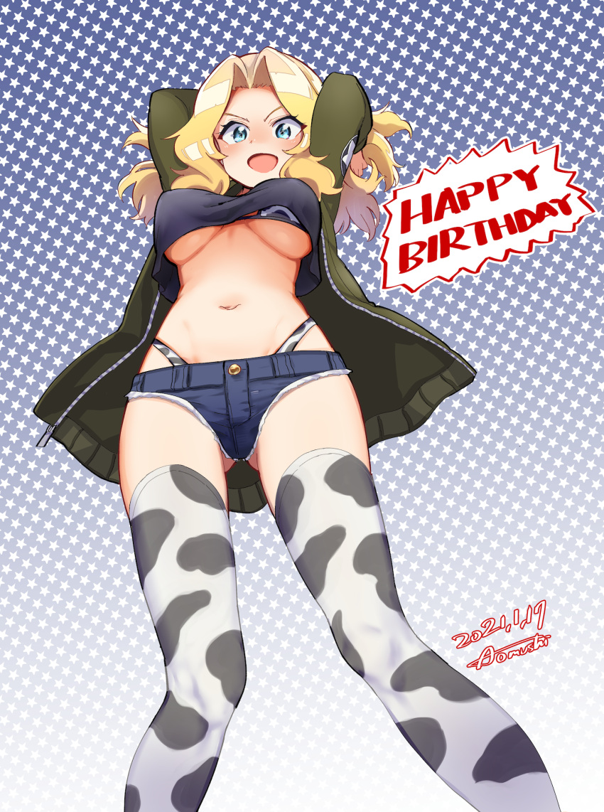 1girl animal_print aomushi_(mushamusha) black_shirt blonde_hair blue_eyes blue_shorts bomber_jacket breasts cow_print denim denim_shorts girls_und_panzer hair_intakes highres jacket kay_(girls_und_panzer) large_breasts long_hair midriff navel open_clothes open_jacket saunders_military_uniform saunders_school_uniform school_uniform shirt short_shorts shorts solo thighhighs underboob