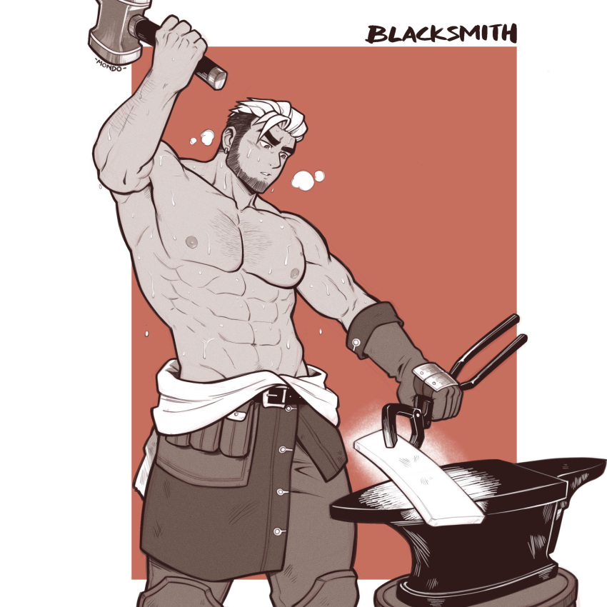 1boy abs anvil bara beard blacksmith breath brown_hair chest_hair clothes_around_waist facial_hair feet_out_of_frame hammer highres male_focus mallet mocucumo multicolored_hair multiple_monochrome muscular muscular_male navel nipples original pectorals shirt shirt_around_waist shirtless short_hair solo spiked_hair sweat tongs two-tone_hair undercut