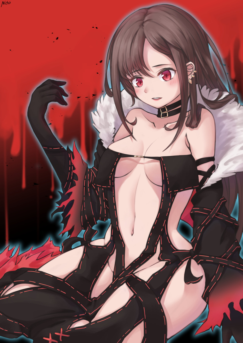 absurdres artist_name black_dress black_gloves blush breasts brown_hair center_opening consort_yu_(fate) dress ear_piercing earrings elbow_gloves fate/grand_order fate_(series) fur-trimmed_jacket fur_trim gloves groin highres jacket jewelry long_hair medium_breasts miso_(b7669726) multiple_earrings multiple_piercings navel off_shoulder piercing red_eyes revealing_clothes ribbon-trimmed_dress strapless strapless_dress very_long_hair