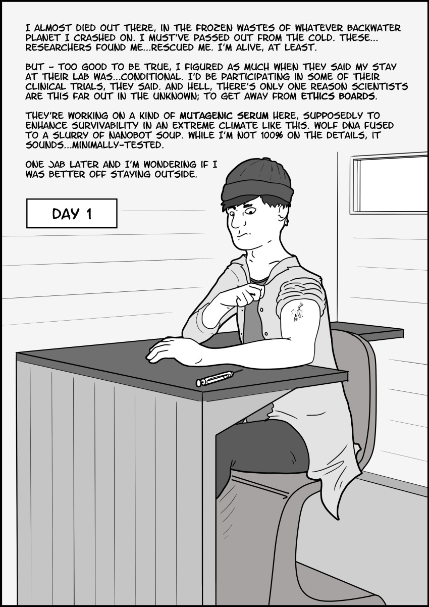 absurd_res beanie biped black_border border chair clothing comic desk dialogue english_text furniture hat headgear headwear hi_res human human_only inner_monologue male mammal monochrome not_furry rolled_up_sleeves shirt solo text topwear transformation transformation_sequence yafath