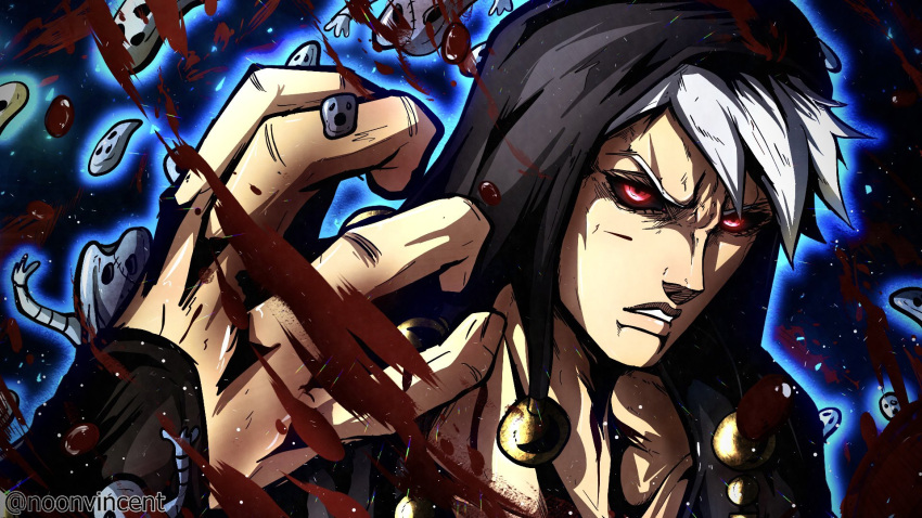 1boy angry aura black_coat black_jacket black_sclera blood blood_splatter coat colored_sclera glowing glowing_eyes grey_hair hat highres hood hooded_coat hooded_jacket jacket jojo_no_kimyou_na_bouken long_sleeves male_focus metallica_(stand) muscular noonvincent red_eyes risotto_nero serious short_hair silver_hair solo stand_(jojo) vento_aureo white_hair