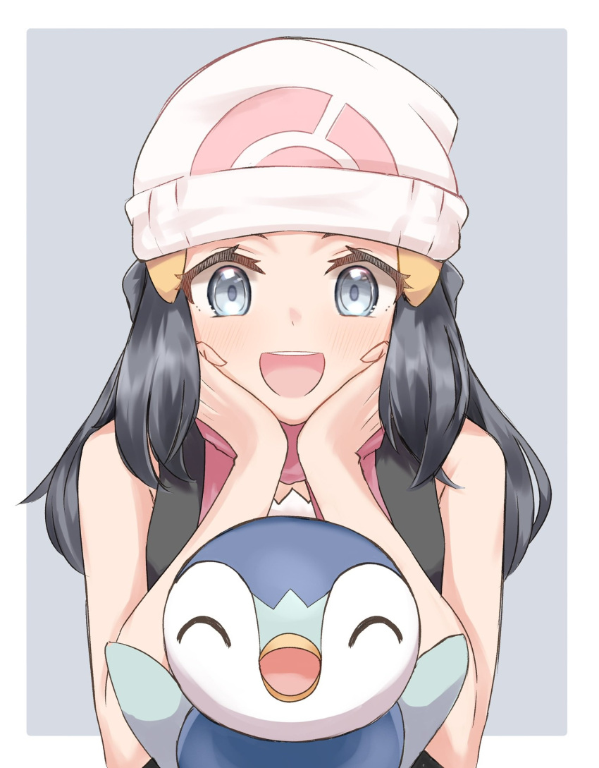 1girl :d arms_up beanie blue_background blue_eyes blue_hair border dawn_(pokemon) elbow_rest eyelashes hair_ornament happy hat head_rest highres looking_at_viewer piplup pokemon pokemon_(creature) pokemon_(game) pokemon_dppt scarf sleeveless smile teeth uji_(966qrr) upper_teeth white_headwear