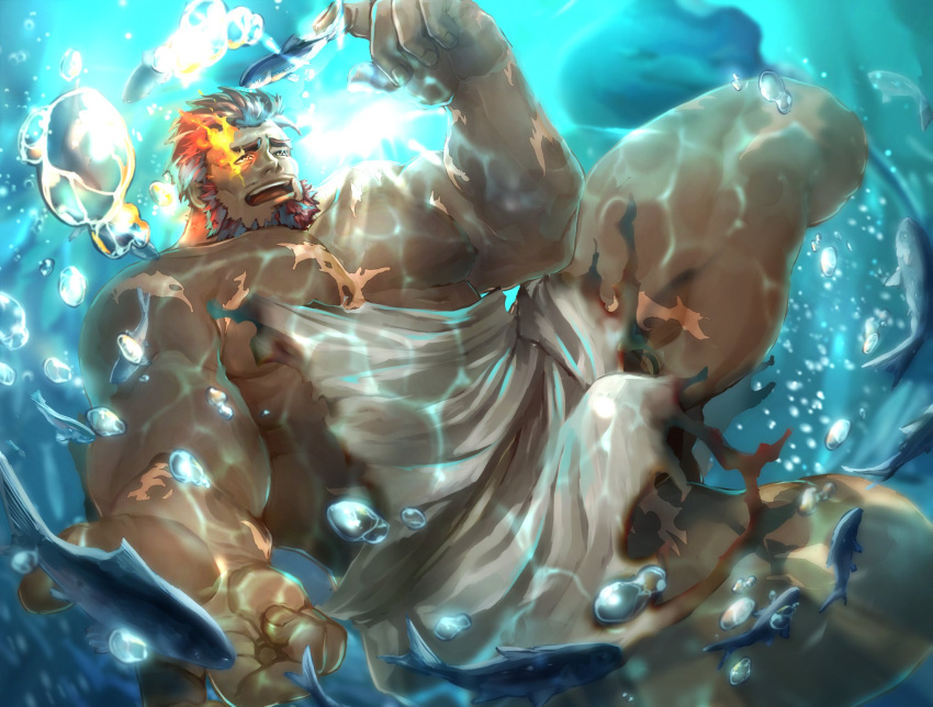 1boy air_bubble bara bare_pecs beard beckoning bisen_(mirion_ray) bubble burnt_clothes cloak dark_skin dark_skinned_male facial_hair fish flaming_eye from_below hephaestus_(tokyo_houkago_summoners) highres male_focus muscular muscular_male naked_cloak nipples open_mouth pectorals plump red_eyes scar scar_on_chest short_hair solo sunlight thick_eyebrows thick_thighs thighs tokyo_houkago_summoners underwater