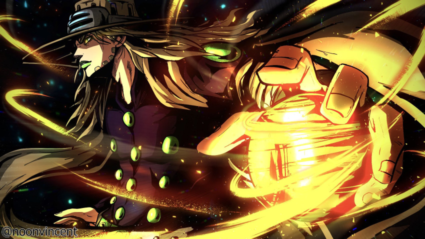 1boy aura ball beard blonde_hair cape facial_hair green_lipstick gyro_zeppeli hat highres jojo_no_kimyou_na_bouken lipstick long_hair makeup male_focus noonvincent parted_lips powering_up solo spinning steel_ball steel_ball_run yellow_eyes