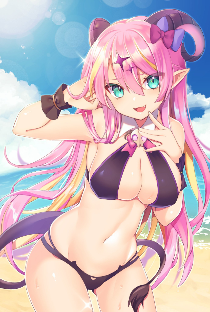 1girl aqua_eyes ass_visible_through_thighs bangs beach bikini black_bikini blonde_hair blue_bow blue_sky bow breasts cleavage cloud cloudy_sky colored_inner_hair commentary_request cowboy_shot curled_horns day demon_girl demon_horns detached_collar fang finger_to_mouth frilled_cuffs hair_bow hair_ornament hand_in_hair head_tilt highres hololive horizon horns large_breasts leaning_forward lens_flare long_hair looking_at_viewer mano_aloe multi-strapped_bikini multicolored_hair navel noru_nekomiya ocean open_mouth outdoors pink_hair pointy_ears skindentation skull_ornament sky smile solo sparkle standing sweat swimsuit tail two-tone_hair virtual_youtuber wing_collar