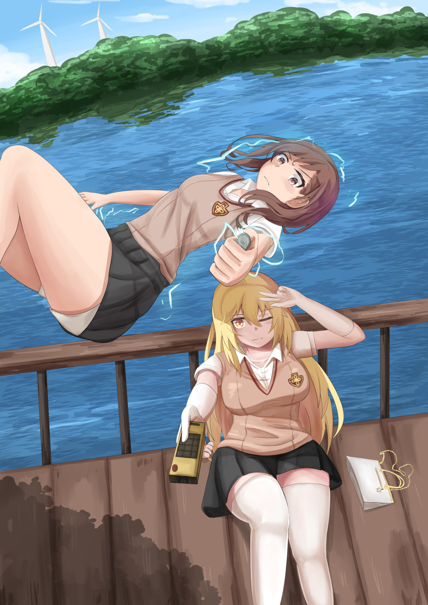 2girls absurdres blonde_hair blue_sky blush breasts brown_hair cloud coin collared_shirt controller dutch_angle elbow_gloves flying gloves hair_between_eyes highres horizon large_breasts long_hair looking_at_viewer medium_hair midair misaka_mikoto multiple_girls ocean one_eye_closed painterly pursed_lips reflection remote_control school_uniform shirt shokuhou_misaki shorts shorts_under_skirt sky sparks thighs to_aru_kagaku_no_railgun to_aru_majutsu_no_index tokiwadai_school_uniform v water wind_turbine zelrari