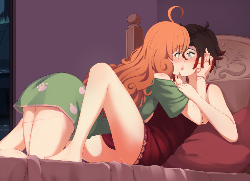 2girls ahoge ass between_legs black_hair blush doll_joints eye_contact freckles french_kiss hair_between_eyes hands_on_another's_face highres hiwonoafu joints kiss long_hair looking_at_another multicolored_hair multiple_girls orange_hair pajamas penny_polendina red_hair ruby_rose rwby streaked_hair thighs yuri