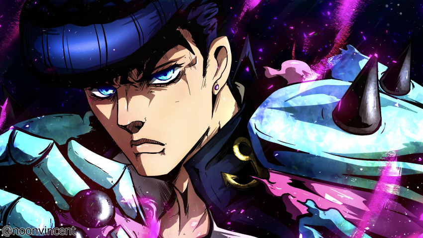 1boy anchor_symbol armor black_hair blue_eyes blue_hair brooch crazy_diamond diamond_wa_kudakenai disembodied_limb earrings gakuran heart higashikata_josuke highres jewelry jojo_no_kimyou_na_bouken male_focus noonvincent pauldrons peace_symbol pompadour school_uniform serious shoulder_armor shoulder_spikes solo spikes stand_(jojo)