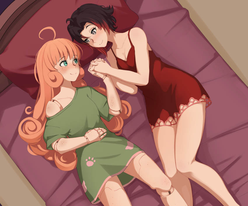 1girl ahoge black_hair blush breasts doll_joints freckles green_eyes hand_on_own_stomach headboard highres hiwonoafu holding_hands joints long_hair medium_breasts multicolored_hair off_shoulder on_bed orange_hair pajamas penny_polendina pillow red_hair ruby_rose rwby short_hair silver_eyes smile streaked_hair thighs very_long_hair yuri