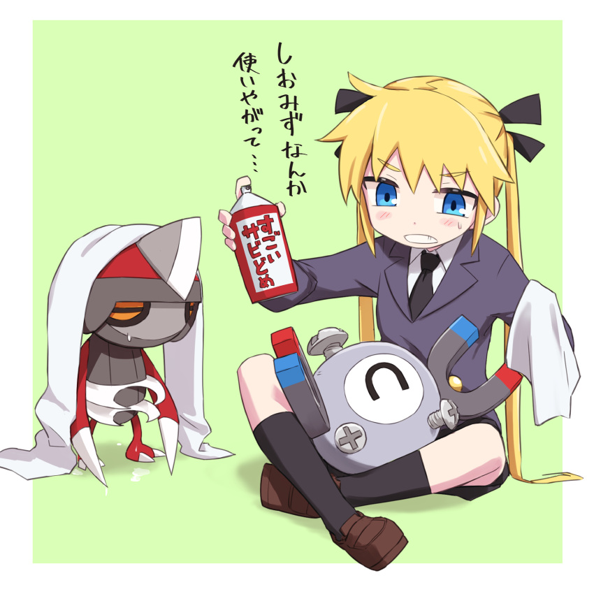 1girl black_legwear black_necktie black_ribbon blonde_hair blue_eyes border crossover eyebrows_visible_through_hair green_background hair_ribbon highres kill_me_baby kneehighs long_hair long_sleeves looking_at_another magnemite necktie parted_lips pawniard pokemon pokemon_(creature) ribbon school_uniform sonya_(kill_me_baby) teeth translated twintails white_border yachima_tana