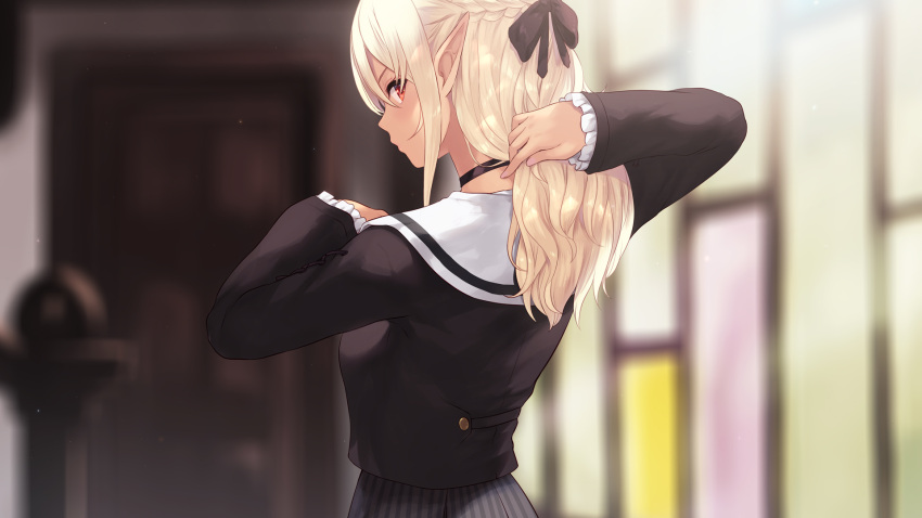 blonde_hair cait choker hololive pointed_ears red_eyes ribbons school_uniform shiranui_flare