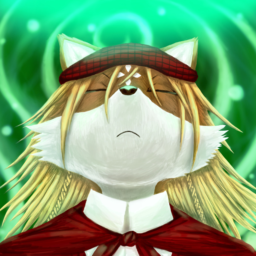 1:1 absurd_res artist berret blonde_hair brown_body brown_fur canid canine celtic clothing cravat eyes_closed folxuno fox fur green_background hair hi_res light male mammal mouth_closed profile raised_head ratteu red_clothing simple_background solo solo_focus topwear uniform vest white_body white_fur