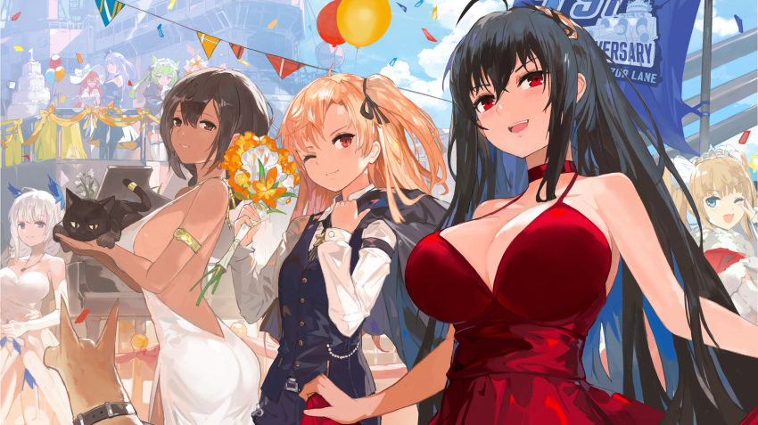 6+girls :d absurdres ahoge ajax_(azur_lane) ajax_(party_queen)_(azur_lane) akashi_(azur_lane) akashi_(black_cat_strikes!)_(azur_lane) alchemaniac alternate_costume amazon_(azur_lane) amazon_(little_orchestra)_(azur_lane) animal armlet azur_lane backless_dress backless_outfit bangs bare_shoulders black_cat black_hair black_ribbon blonde_hair blue_eyes blue_jacket blush bouquet bow braid breasts brown_eyes brown_hair cat choker cleavage cleveland_(azur_lane) cleveland_(gentry_knight)_(azur_lane) cocktail_dress collarbone collared_shirt crossed_bangs dark_skin dark_skinned_female diadem dog dress elbow_gloves eyebrows_visible_through_hair fang flower gloves hair_between_eyes hair_ornament hair_ribbon hat hat_bow highres holding holding_animal holding_bouquet holding_cat huge_breasts huge_filesize illustrious_(azur_lane) illustrious_(illustrious_ballroom)_(azur_lane) instrument jacket large_breasts long_hair looking_at_viewer monarch_(azur_lane) monarch_(simple_white_grandeur)_(azur_lane) multiple_girls native_american official_art one_eye_closed one_side_up open_mouth parted_lips piano ponytail purple_hair red_choker red_dress red_eyes red_hair ribbon shirt sidelocks smile south_dakota_(azur_lane) south_dakota_(solo_concert)_(azur_lane) strapless strapless_dress sun_hat taihou_(azur_lane) taihou_(forbidden_feast)_(azur_lane) teeth twintails two_side_up uss_iowa_(bb-61) v very_long_hair white_dress white_gloves white_hair white_headwear