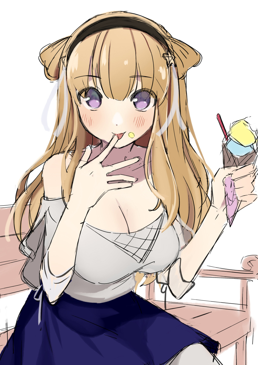 1girl absurdres bench blonde_hair blouse breasts cowboy_shot double_bun finger_licking fletcher_(kantai_collection) food food_on_face hair_ornament hairband highres ice_cream ice_cream_on_face kantai_collection large_breasts licking long_hair off_shoulder purple_eyes sketch solo star_(symbol) star_hair_ornament tongue tongue_out toriniku_senshi_chikinman white_background white_blouse