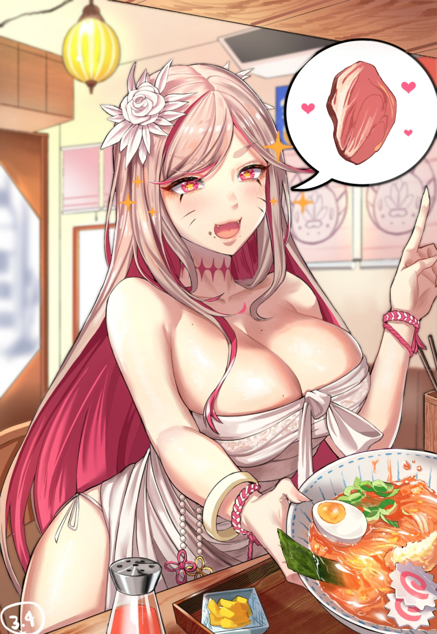 1girl 3.4 bare_shoulders blush bracelet breasts chopsticks cleavage collarbone destiny_child dress eyebrows_visible_through_hair facial_mark fangs flower food grey_hair hair_flower hair_ornament highres jewelry large_breasts long_hair mole mole_on_breast mole_under_mouth multicolored_hair noodles open_mouth pink_eyes pink_hair ramen signature solo star-shaped_pupils star_(symbol) symbol-shaped_pupils tamamo_(destiny_child) very_long_hair white_dress