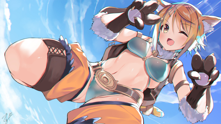 1girl ;d adapted_costume animal_ear_fluff animal_ears bangs bare_shoulders bell belt bikini blonde_hair blue_sky blush breasts brown_belt cat_ears cat_paws cat_tail claw_pose cleavage cloud commentary_request covered_nipples cowboy_shot day eyebrows_visible_through_hair fur-trimmed_gloves fur_collar fur_trim gloves green_bikini groin hair_between_eyes hair_ornament hairclip highleg highleg_bikini highres hiyori_(princess_connect!) looking_at_viewer medium_breasts midriff navel noto_kurumi one_eye_closed open_mouth paw_gloves paws princess_connect! princess_connect!_re:dive short_hair short_hair_with_long_locks shorts sidelocks signature sky smile solo standing standing_on_one_leg swimsuit tail vest yellow_eyes yellow_shorts yellow_vest