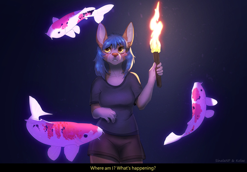 2021 anthro blue_hair breasts canid canine clothed clothing digital_media_(artwork) female fish group hair mammal marine sinalanf yellow_eyes