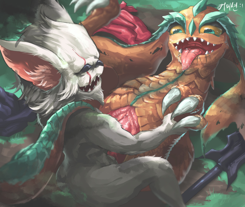 bestiality chobonolly duo female feral humanoid kled_(lol) league_of_legends male male/female nude orange_body outside penetration riot_games scalie skaarl_(lol) tongue tongue_out vaginal vaginal_penetration video_games white_body yordle