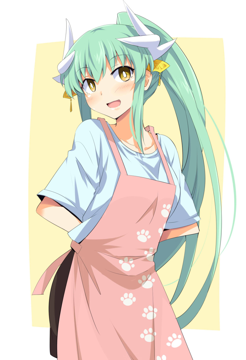 1girl :d alternate_costume apron arms_behind_back bangs blush breasts brown_skirt chata_maru_(irori_sabou) collarbone commentary_request cowboy_shot eyebrows_visible_through_hair fate/grand_order fate_(series) green_hair high_ponytail highres horns kiyohime_(fate/grand_order) long_hair looking_at_viewer open_mouth paw_print pink_apron ponytail shirt short_sleeves skirt smile solo tying_apron very_long_hair white_shirt yellow_eyes