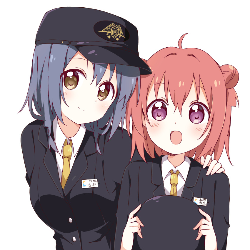 2girls :d absurdres ahoge akaza_akari alternate_costume arm_behind_back bangs black_headwear black_jacket black_suit blue_hair blush braid breasts brown_eyes buttons closed_mouth collared_shirt commentary_request disconnected_mouth double_bun eyebrows_visible_through_hair furutani_himawari hair_between_eyes hand_on_another's_shoulder happy hat hat_removed headwear_removed highres holding holding_clothes holding_hat jacket large_breasts looking_at_viewer medium_hair mesushio multiple_girls name_tag necktie open_mouth peaked_cap purple_eyes red_hair shadow shirt side-by-side simple_background smile train_attendant twin_braids upper_body white_background white_shirt yellow_neckwear yuru_yuri