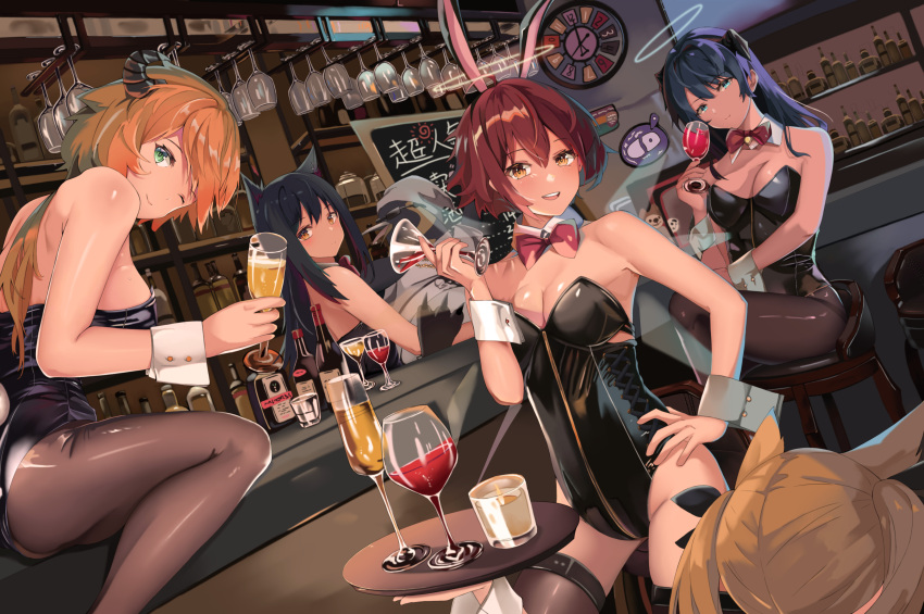 1boy 5girls :d ;) absurdres ahoge alcohol animal_ears arknights auguste bangs bar bar_stool bare_arms bare_shoulders black_hair black_legwear black_leotard blonde_hair blue_eyes blue_hair bottle bow bowtie breasts brown_eyes brown_legwear bunny_ears candle chinese_commentary cleavage clock closed_mouth commentary_request cow_girl cow_horns croissant_(arknights) cup demon_horns detached_collar drinking_glass exusiai_(arknights) eyebrows_visible_through_hair fake_animal_ears green_eyes groin halo hand_on_hip highres holding holding_cup holding_tray horns indoors leotard low_ponytail medium_breasts mostima_(arknights) multiple_girls one_eye_closed open_mouth orange_hair pantyhose penguin_logistics_logo playboy_bunny red_bow red_hair red_neckwear short_hair sideboob sitting smile sora_(arknights) stool strapless strapless_leotard sunglasses table texas_(arknights) the_emperor_(arknights) thighhighs tray twintails wine wine_glass wolf_ears wolf_girl yellow_eyes