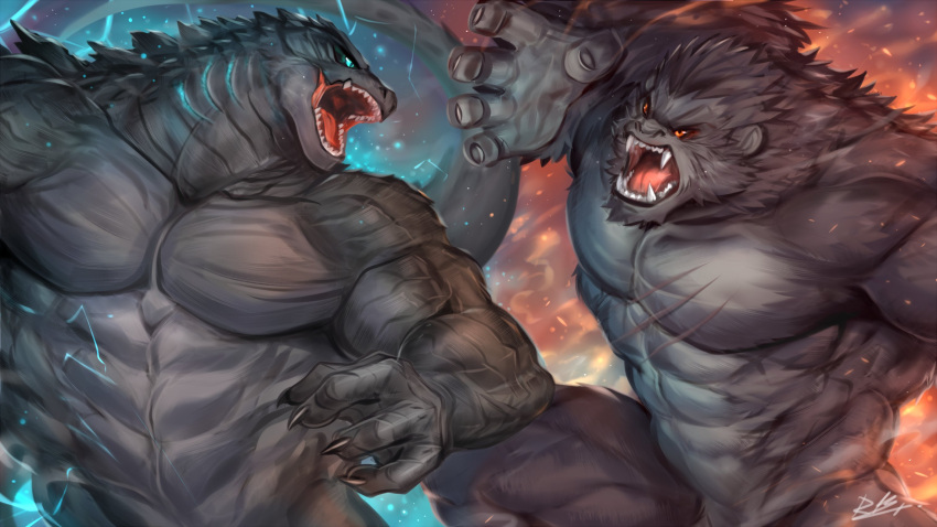 abs angry anthro ape biceps black_body claws duo fighting_pose godzilla godzilla_(series) gorilla haplorhine hi_res kaiju king_kong king_kong_(series) lizard male mammal muscular muscular_anthro muscular_male pecs pose primate rabbity reptile rivalry scalie scar teeth toho