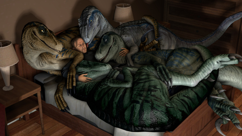 16:9 2021 3d_(artwork) 4k absurd_res bed bedroom bedroom_eyes blue_(jurassic_world) charlie_(jurassic_world) chilling claws clothed clothing cuddling delta_(jurassic_world) detailed_background digital_media_(artwork) dinosaur dromaeosaurid echo_(jurassic_world) eyes_closed feet female feral finger_claws furniture group half-closed_eyes hi_res hug human inside ivorylagiacrus jurassic_park jurassic_world licking looking_at_viewer lying male mammal narrowed_eyes on_bed on_side open_mouth pile reptile scalie seductive sharp_teeth size_difference sleeping smile source_filmmaker teeth theropod tongue tongue_out universal_studios velociraptor widescreen