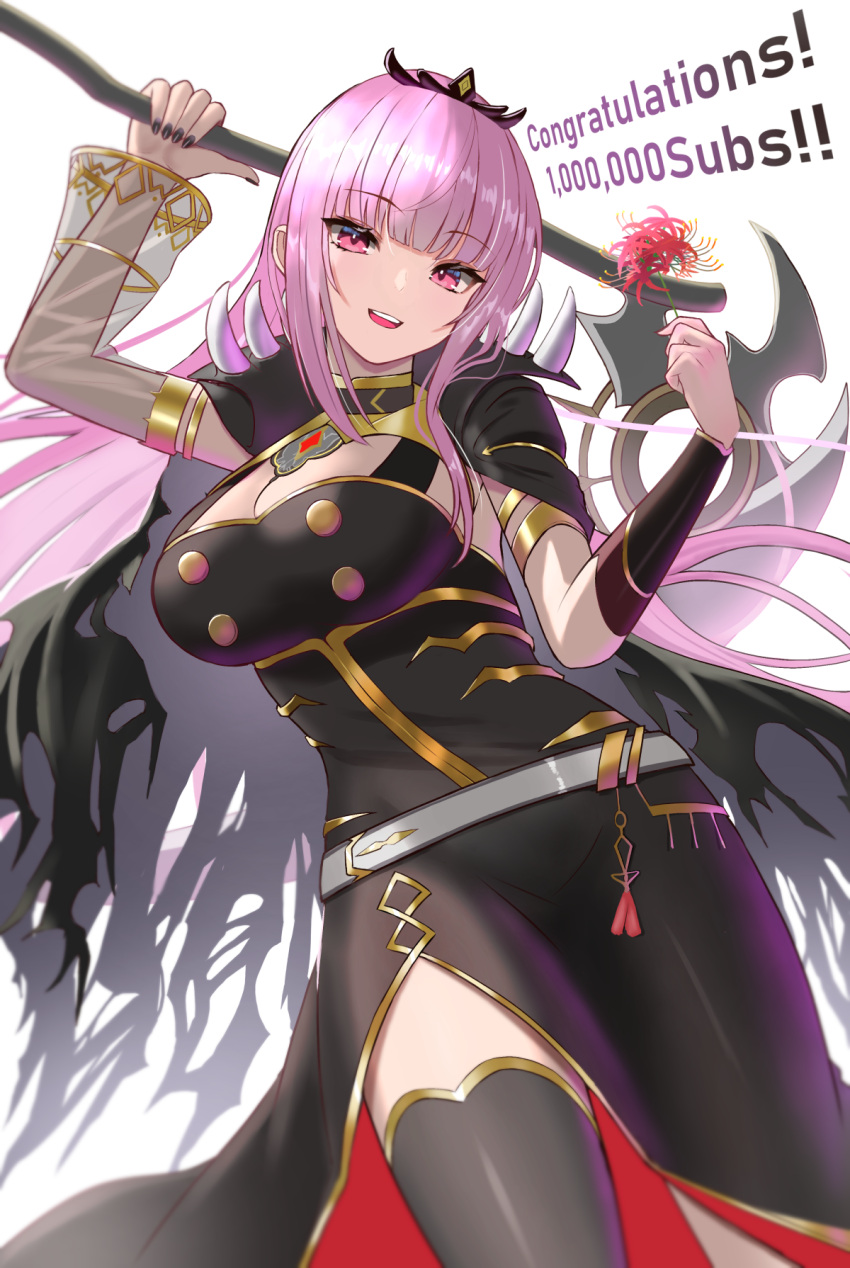 1girl bangs black_dress black_legwear blunt_bangs breasts cleavage commentary_request congratulations dress eyebrows_visible_through_hair flower highres holding holding_flower holding_scythe hololive hololive_english inari_(ambercrown) large_breasts long_hair looking_at_viewer milestone_celebration mori_calliope open_mouth pink_eyes pink_hair scythe shoulder_spikes simple_background smile solo spikes thighhighs tiara virtual_youtuber white_background