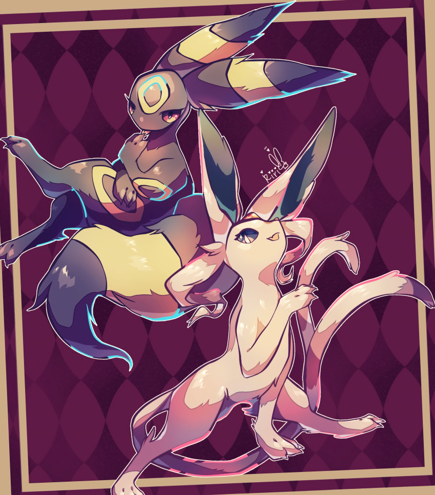 absurdres animal_focus argyle argyle_background artist_name black_eyes border brown_border claws colored_sclera commentary crossed_legs espeon fang finger_licking forehead_jewel full_body gen_2_pokemon hand_to_own_mouth happy heart highres legs_apart licking looking_at_viewer no_humans open_mouth outline pokemon pokemon_(creature) purple_background purple_sclera red_sclera riri_(riri_nasinasi) signature simple_background sitting skin_fang smile tongue tongue_out umbreon white_eyes white_outline