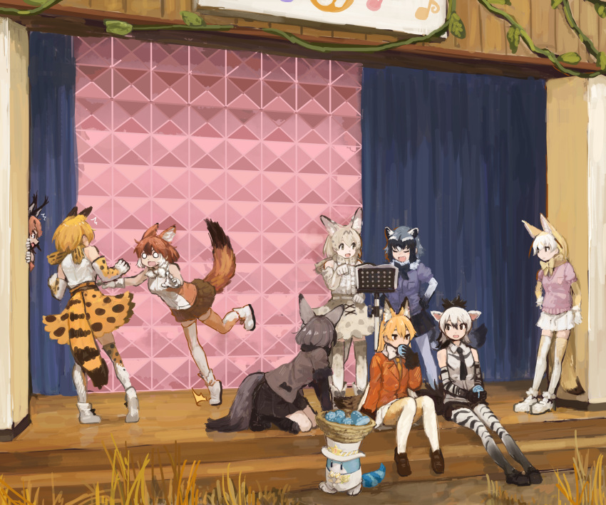 6+girls ^^^ aardwolf_(kemono_friends) aardwolf_ears aardwolf_girl aardwolf_print aardwolf_tail alternate_costume animal_ears bat-eared_fox_(kemono_friends) black_fur black_hair black_neckwear black_skirt blonde_hair blue_hair blue_sweater boots bow bowtie brown_hair brown_jacket brown_skirt caracal_(kemono_friends) caracal_ears caracal_girl closed_eyes collared_shirt commentary_request common_raccoon_(kemono_friends) cutoffs dhole_(kemono_friends) dog_ears dog_girl dog_tail eating elbow_gloves extra_ears eyebrows_visible_through_hair ezo_red_fox_(kemono_friends) fennec_(kemono_friends) food formal fox_ears fox_girl fox_tail fur_collar fur_trim gloves grey_gloves grey_hair hands_on_hips hat high-waist_skirt highres jacket japari_bun kemono_friends light_brown_hair long_hair long_sleeves looking_at_another lucky_beast_(kemono_friends) multicolored_hair multiple_girls music_stand necktie o_o orange_hair orange_jacket orange_legwear orange_neckwear pantyhose pink_sweater ponytail print_gloves print_legwear print_neckwear print_skirt puffy_short_sleeves puffy_sleeves raccoon_ears raccoon_girl rumenia_(ao2is) serval_(kemono_friends) serval_ears serval_girl serval_print serval_tail shirt short_hair short_shorts short_sleeves shorts skirt sleeveless stage suit surprised sweater tail thighhighs top_hat tripping two-tone_legwear white_footwear white_fur white_hair white_headwear white_legwear white_neckwear white_serval_(kemono_friends) white_shirt white_suit yellow_gloves yellow_legwear yellow_skirt zettai_ryouiki