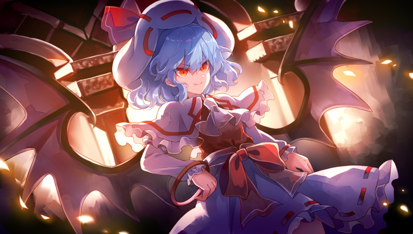 1girl 60mai backlighting bat_wings blue_hair bow capelet closed_mouth dress dutch_angle eyebrows_visible_through_hair fang frills hair_between_eyes hands_on_hips hat hat_bow jewelry light_particles looking_ahead pillar red_bow red_eyes remilia_scarlet ring short_hair smile solo standing touhou tsurime v-shaped_eyebrows wavy_hair white_capelet white_dress white_headwear wings